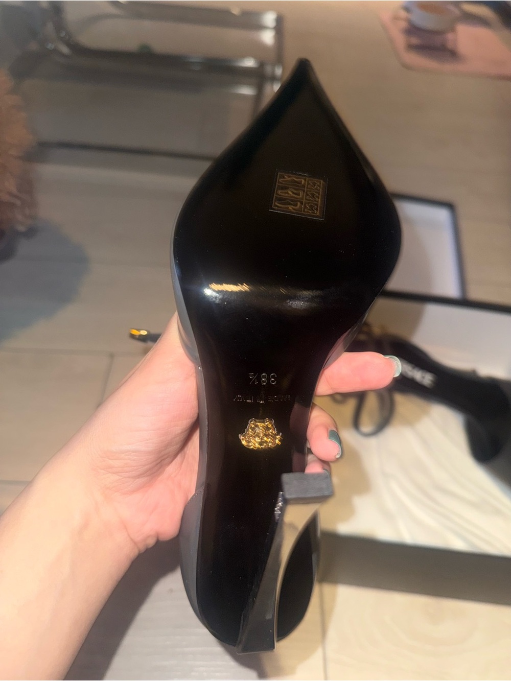 Versace Gray Strappy Pointed Stiletto Heels with Gold Accents. - Picture 4 of 6